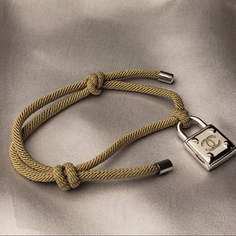 Olive green rope bracelet with silver lock charm | adjustable minimalist style